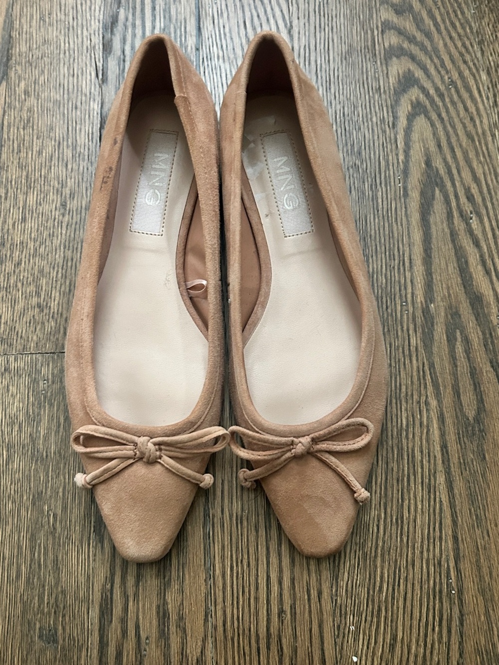 Mango Tan Suede Pointed-Toe Ballet Flats with Bow